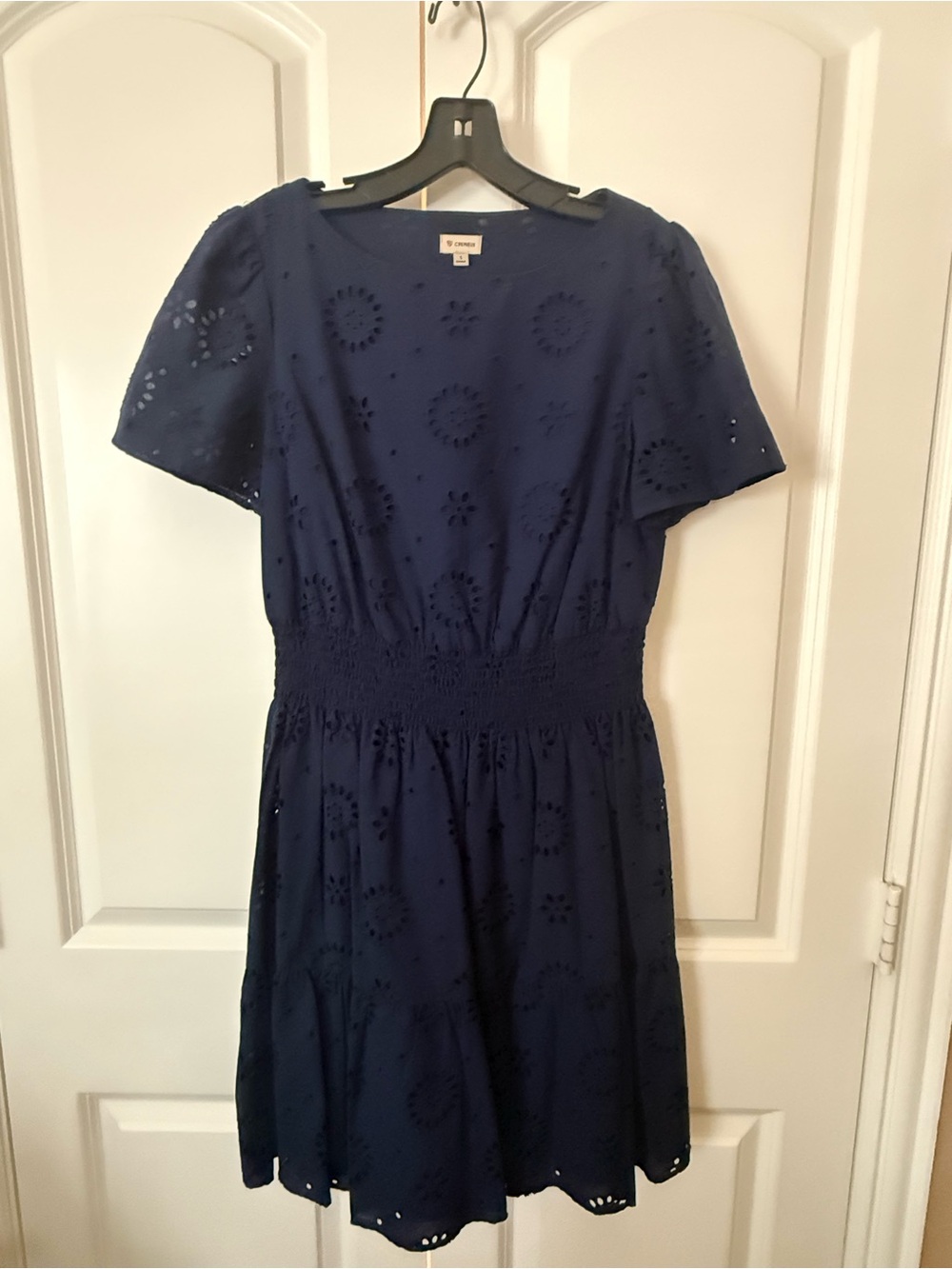 Daniel Cremieux Navy Eyelet Short Sleeve Smocked Waist Dress